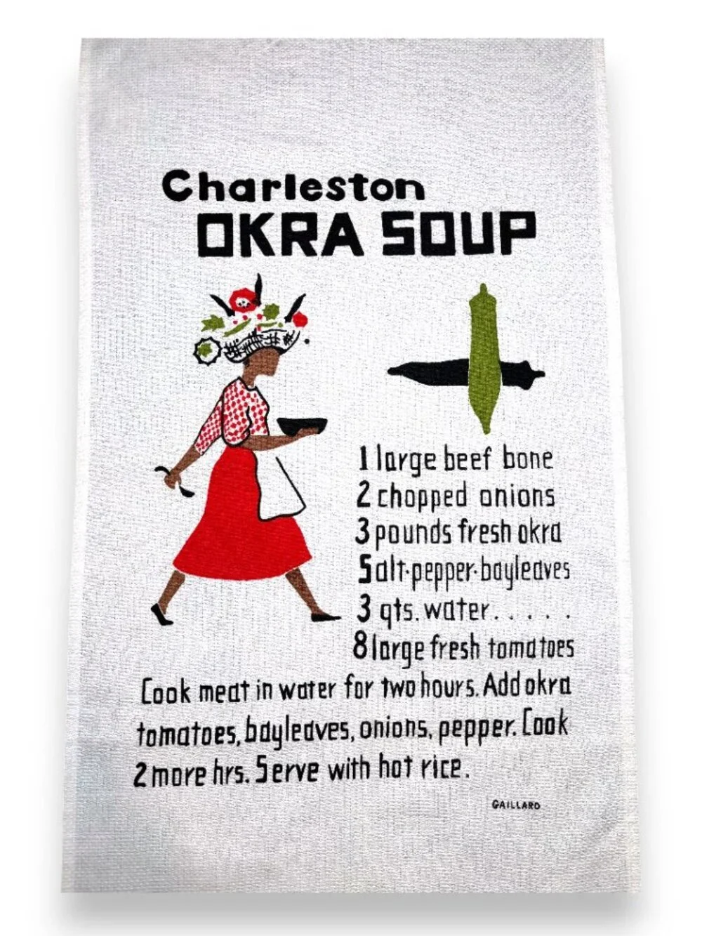 Vintage Gaillard Original Charleston Okra Soup Recipe Tea Towel Southern Folk Ar
